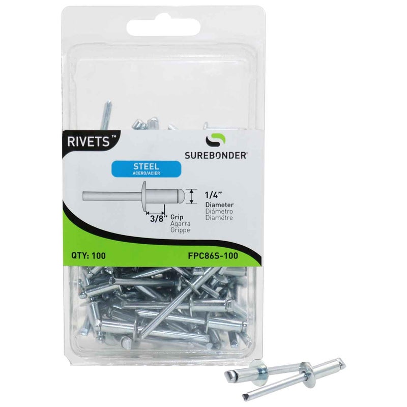 Surebonder مسامير ريفيت قصيرة من ستيل Surebonder FPC86S-100 ثقيلة الوزن - قطر 1/4"، قبضة 3/8" - مسامير احترافية للآلات، إصلاحات المعادن، ومشاريع الأعمال اليدوية، 100 قطعة - Image 1